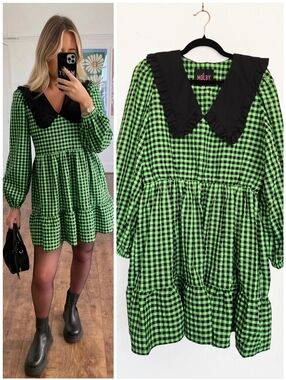 MOLBY the Label Green Black Gingham Collar Bertie Dress, 10